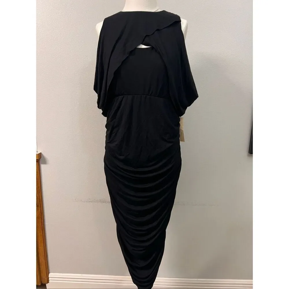 NWT Kiyonna Women's Ruched Bianca Cold Shoulder Bodycon Midi Dress Black 1X - Picture 1 of 6